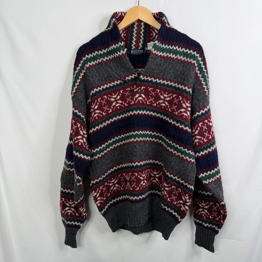 Austin Reed Mens Shetland Wool Fair Isle Sweater Grey Burgundy Button Neck M